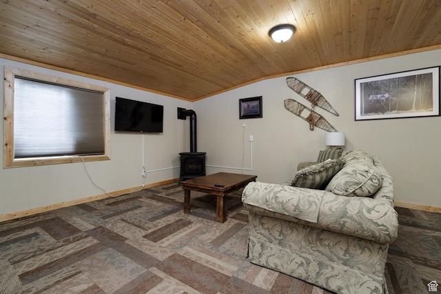 2690 W 500 N, Vernal, UT 84078 - carpeted living room with vaulted ceiling, a wood stove, and wood ceiling