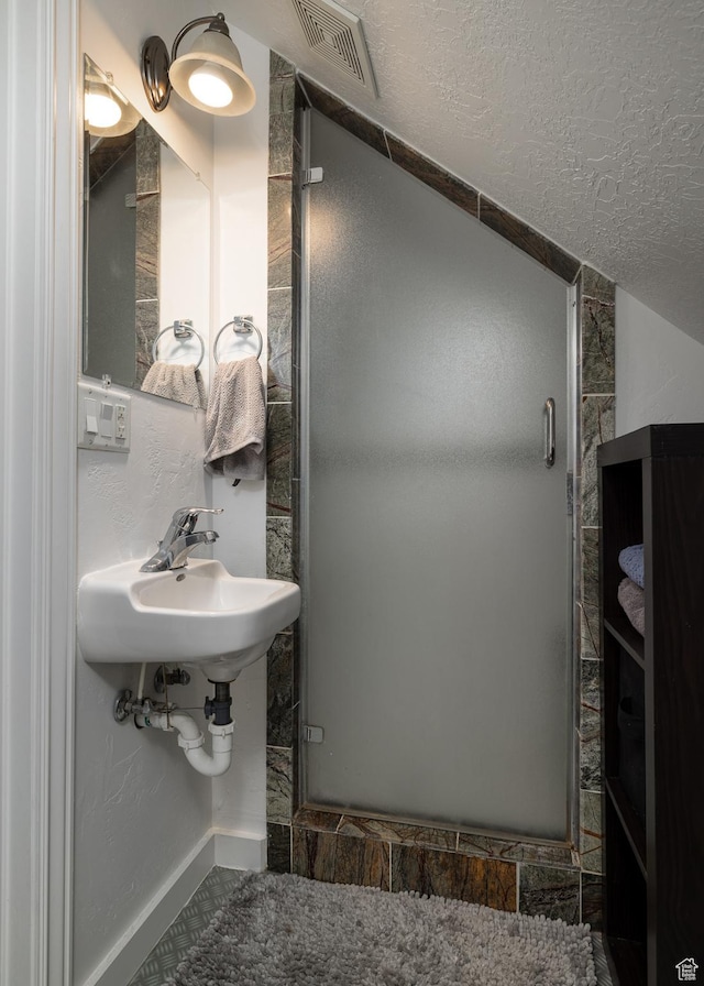 2690 W 500 N, Vernal, UT 84078 - bathroom with a textured ceiling, vaulted ceiling, a shower with door, and sink