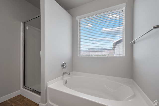 248 W Quartz Rd, Tooele, UT 84074 - bathroom with a bath, plenty of natural light, a stall shower, and wood finished floors