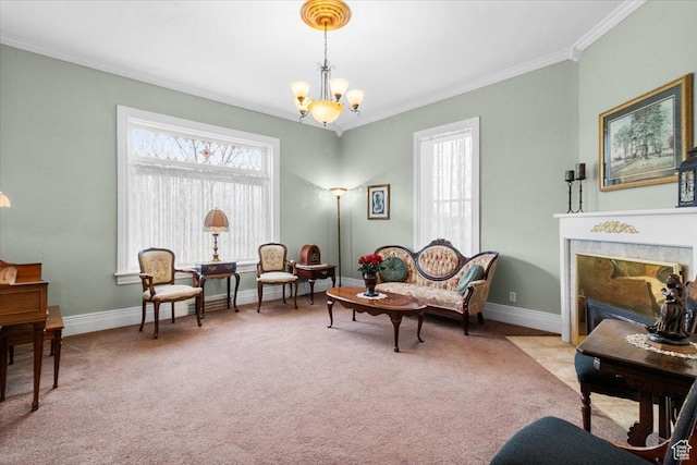 sitting room featuring light carpet, an inviting chandelier, and crown molding