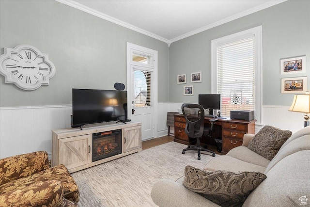 office with crown molding and light hardwood / wood-style flooring