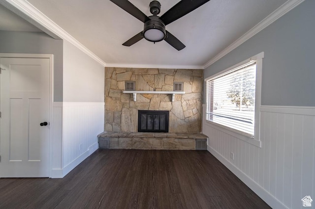 466 E 300 N, Price, UT 84501 - unfurnished living room with wood finished floors, a ceiling fan, a wainscoted wall, a fireplace, and ornamental molding