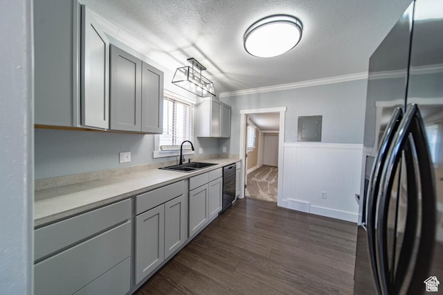 kitchen with sink, dishwasher, stainless steel fridge, crown molding, and gray cabinets