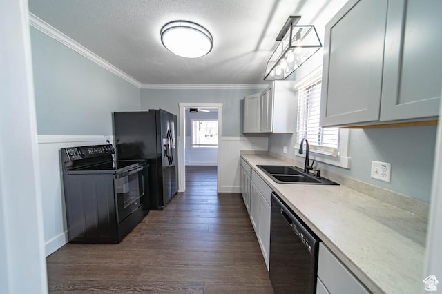 466 E 300 N, Price, UT 84501 - kitchen featuring black appliances, light countertops, a textured ceiling, dark wood-style floors, and ornamental molding