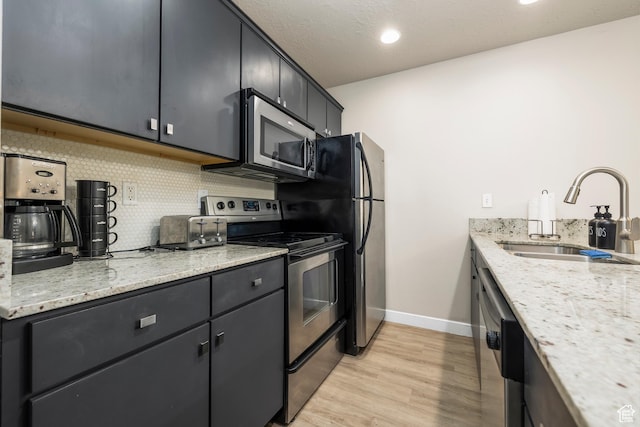 159 E 800 S Unit 208, Salt Lake City, UT 84111 - kitchen with sink, light wood-type flooring, tasteful backsplash, light stone counters, and stainless steel appliances