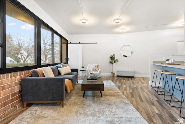 living room with hardwood / wood-style floors and a barn door