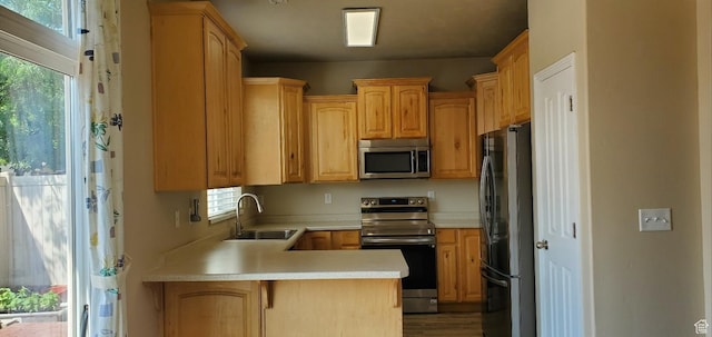 1036 N Darcy Dr W, North Salt Lake, UT 84054 - kitchen with kitchen peninsula, appliances with stainless steel finishes, wood-type flooring, and sink