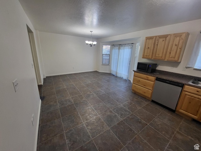 3318 E Quarter Mile Dr, Eagle Mountain, UT 84005 - kitchen featuring black microwave, light brown cabinets, stainless steel dishwasher, dark countertops, and an inviting chandelier