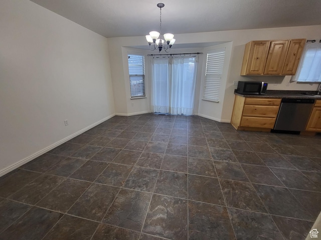 3318 E Quarter Mile Dr, Eagle Mountain, UT 84005 - kitchen with a notable chandelier, baseboards, dishwasher, light brown cabinetry, and dark countertops