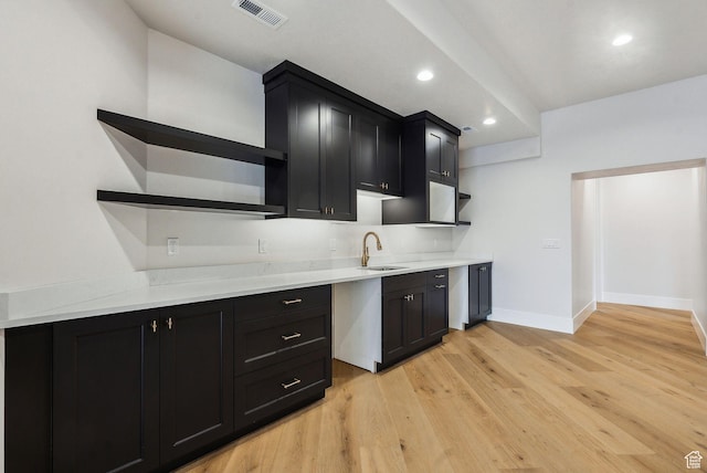 3097 E Corral Peak Cir Unit 145, Heber City, UT 84032 - kitchen featuring a sink, visible vents, open shelves, and dark cabinetry