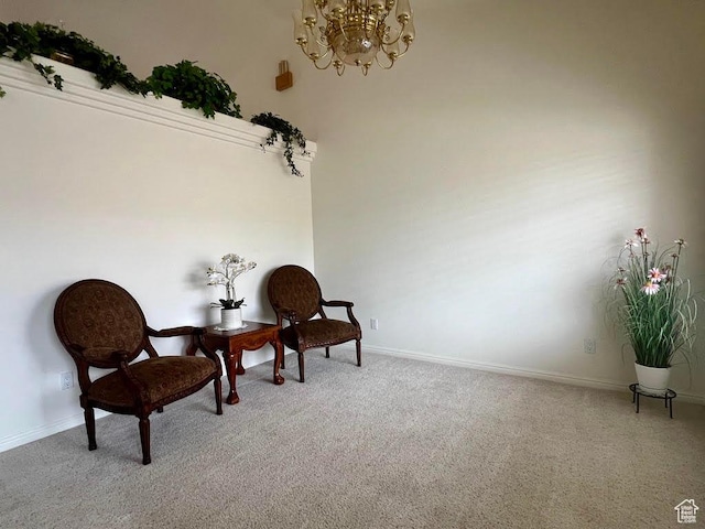 3423 Red Butte Dr, Santa Clara, UT 84765 - living area with light carpet, baseboards, and an inviting chandelier