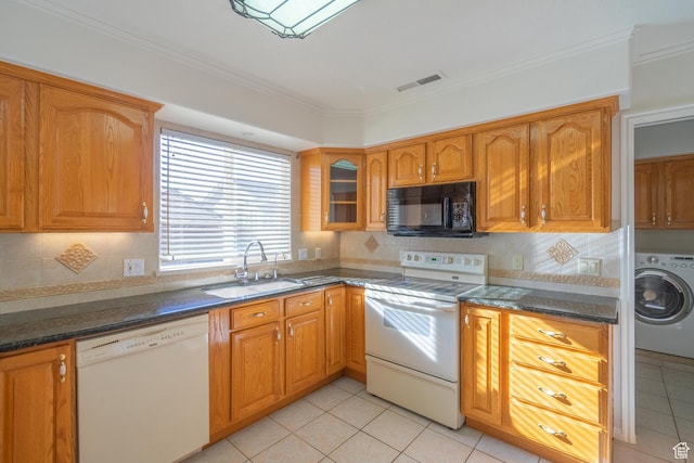 3423 Red Butte Dr, Santa Clara, UT 84765 - kitchen with white appliances, washer / dryer, a sink, ornamental molding, and tasteful backsplash