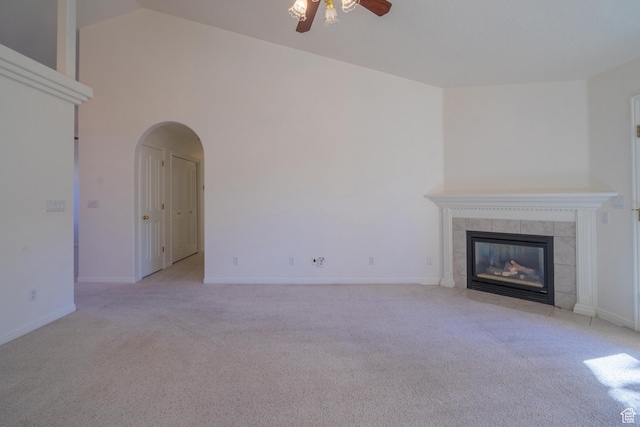 3423 Red Butte Dr, Santa Clara, UT 84765 - unfurnished living room with a fireplace, a ceiling fan, light colored carpet, and baseboards