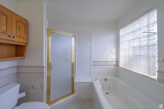 3423 Red Butte Dr, Santa Clara, UT 84765 - bathroom with a wainscoted wall, a whirlpool tub, a shower stall, tile patterned floors, and toilet