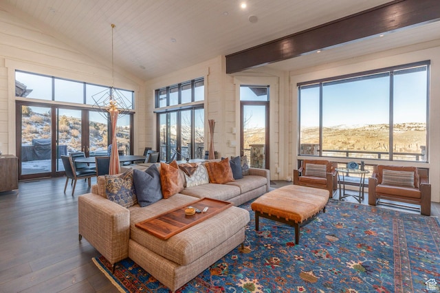 living room with high vaulted ceiling, a chandelier, wood finished floors, and a healthy amount of sunlight