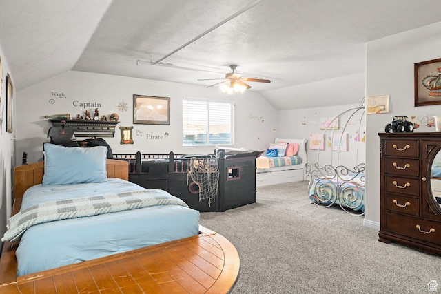 2468 S Dorothy St, Hurricane, UT 84737 - bedroom with a textured ceiling, carpet floors, ceiling fan, and lofted ceiling