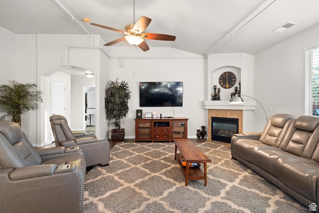 2468 S Dorothy St, Hurricane, UT 84737 - living room with a tile fireplace, vaulted ceiling, and ceiling fan
