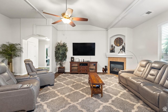 2468 S Dorothy St, Hurricane, UT 84737 - living room featuring ceiling fan, lofted ceiling, and a fireplace