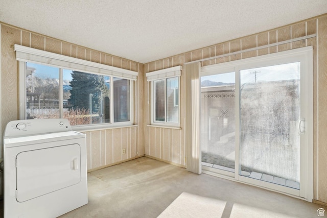 interior space with wooden walls, light colored carpet, a textured ceiling, and washer / clothes dryer