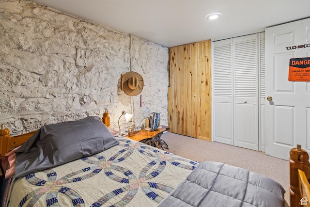 110 N 400 E, Glenwood, UT 84730 - bedroom featuring carpet floors, a closet, wood walls, and recessed lighting