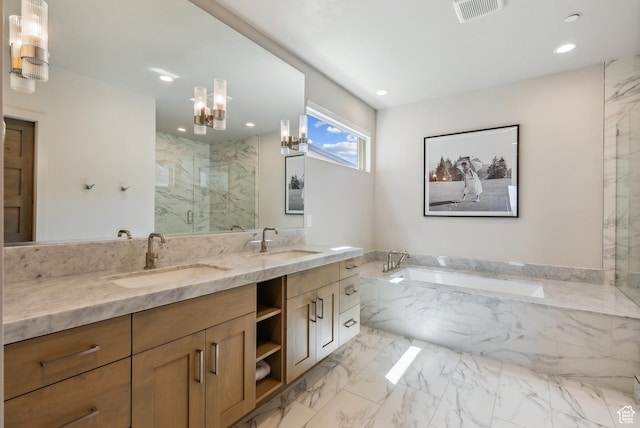 6242 Double Deer Loop, Park City, UT 84098 - full bathroom with a marble finish shower, double vanity, a garden tub, a chandelier, and recessed lighting