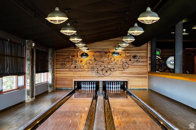 6242 Double Deer Loop, Park City, UT 84098 - playroom with bowling, baseboards, wood finished floors, and wooden walls