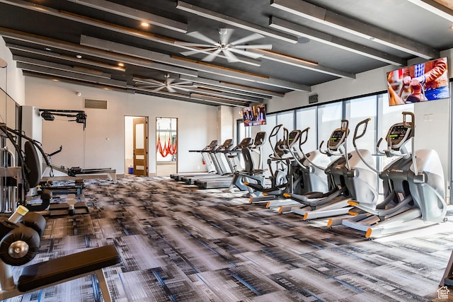 6242 Double Deer Loop, Park City, UT 84098 - exercise room featuring carpet floors, beamed ceiling, a ceiling fan, and baseboards