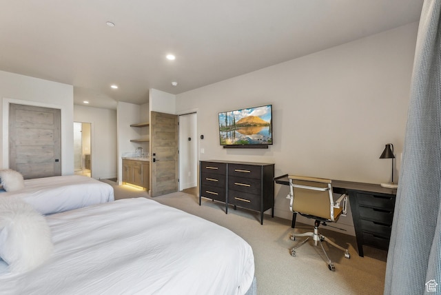 6242 Double Deer Loop, Park City, UT 84098 - bedroom with light carpet, an office area, recessed lighting, ensuite bathroom, and baseboards
