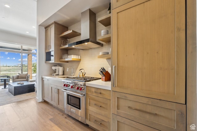 6242 Double Deer Loop, Park City, UT 84098 - kitchen featuring luxury range, open shelves, wall chimney range hood, a sink, and light countertops