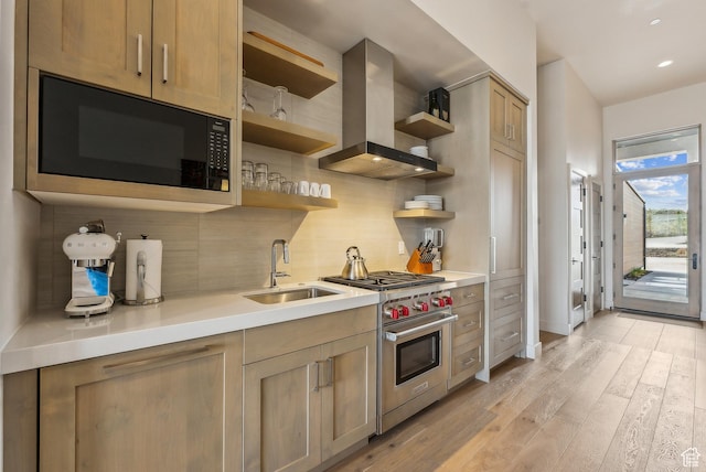 6242 Double Deer Loop, Park City, UT 84098 - kitchen featuring wall chimney range hood, black microwave, luxury stove, open shelves, and a sink