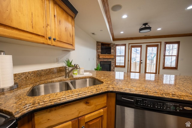 5063 E Lakeview Dr Unit 1009, Eden, UT 84310 - kitchen featuring a stone fireplace, crown molding, dishwasher, and sink