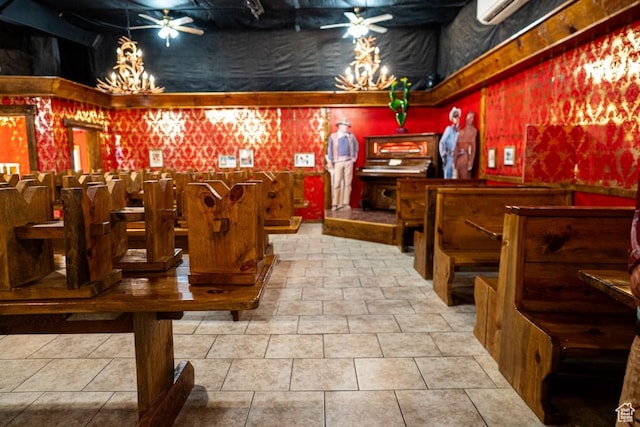 bar with tile patterned floors, ceiling fan, and a wall mounted air conditioner