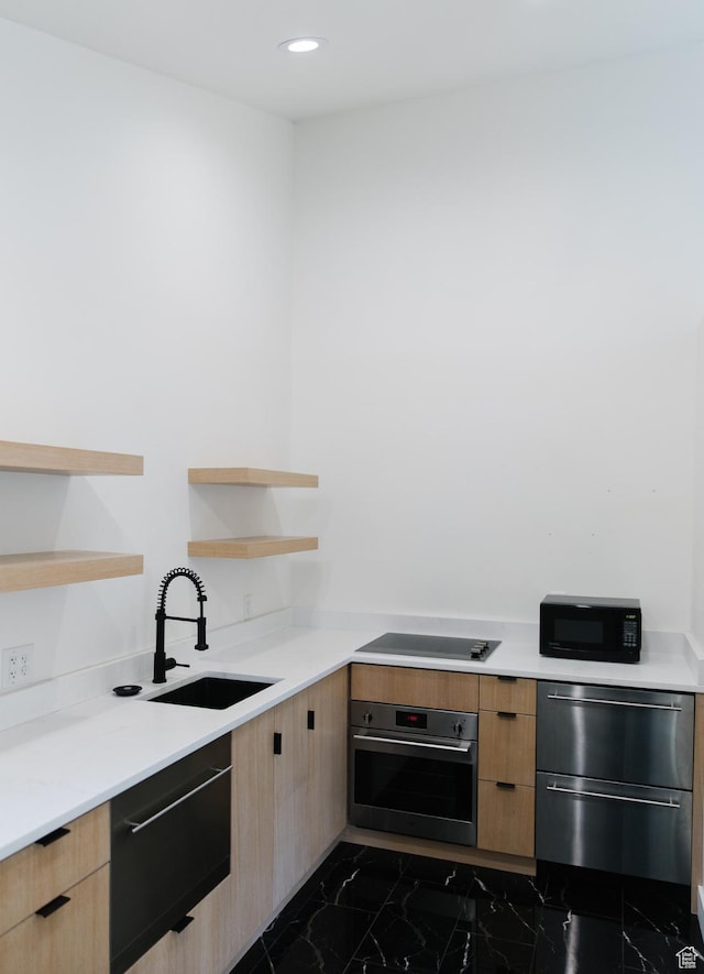 1229 S 800 E, Salt Lake City, UT 84105 - kitchen with black appliances, open shelves, a sink, and light brown cabinetry
