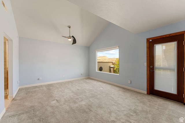 631 N 380 W, La Verkin, UT 84745 - empty room with a ceiling fan, carpet floors, vaulted ceiling, and baseboards