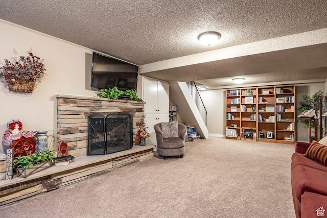 395 W 400 N Unit 39, Bountiful, UT 84010 - carpeted living room featuring stairway, ornamental molding, a stone fireplace, and a textured ceiling
