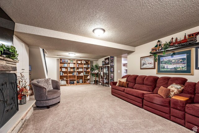 395 W 400 N Unit 39, Bountiful, UT 84010 - living room with carpet floors, a fireplace with raised hearth, and a textured ceiling