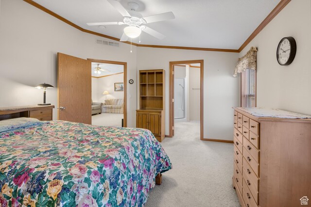 bedroom featuring lofted ceiling, light colored carpet, ceiling fan, and crown molding