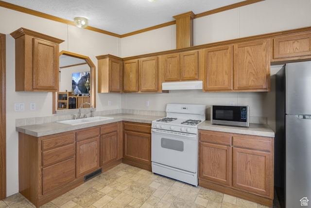 kitchen featuring sink, stainless steel appliances, and ornamental molding