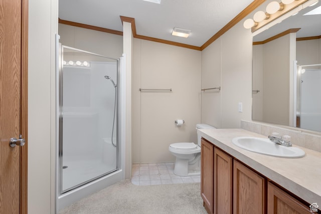 bathroom featuring vanity, toilet, an enclosed shower, and crown molding
