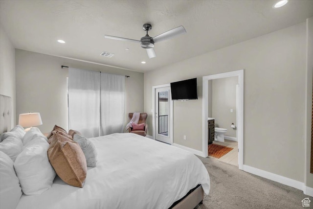 323 N 2020 W Unit 38, Hurricane, UT 84737 - bedroom featuring ceiling fan, carpet floors, and ensuite bathroom