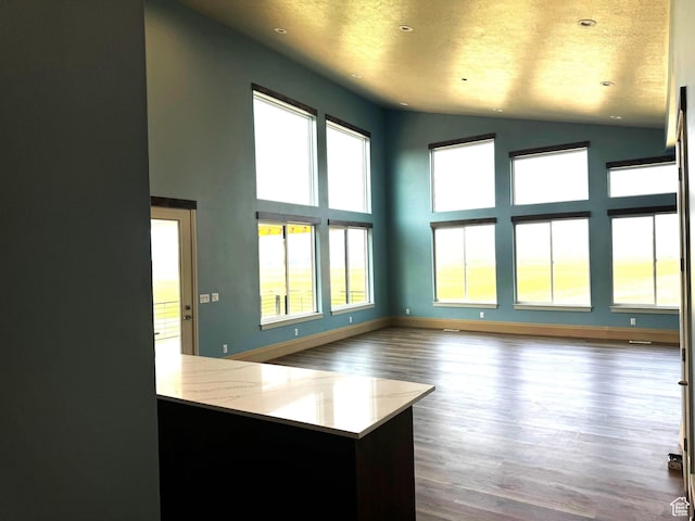 2584 S Country Club Dr Unit 12, Garden City, UT 84028 - kitchen featuring dark wood finished floors, recessed lighting, high vaulted ceiling, and light stone counters