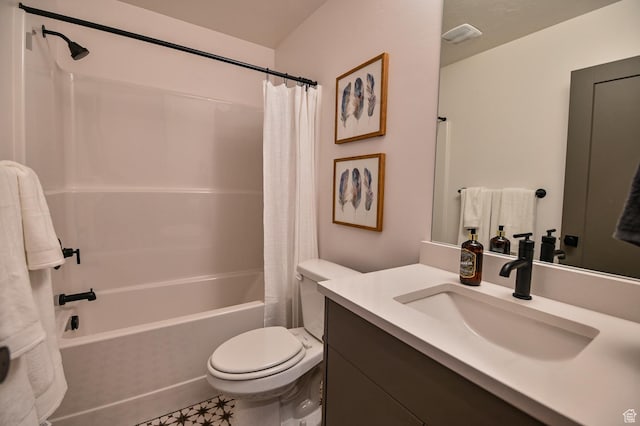 bathroom with toilet, visible vents, shower / bath combination with curtain, and vanity