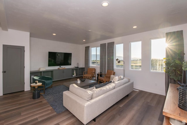 living room featuring recessed lighting, baseboards, and wood finished floors