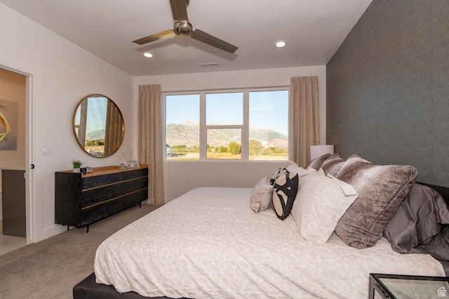 bedroom with carpet floors, recessed lighting, visible vents, and a ceiling fan