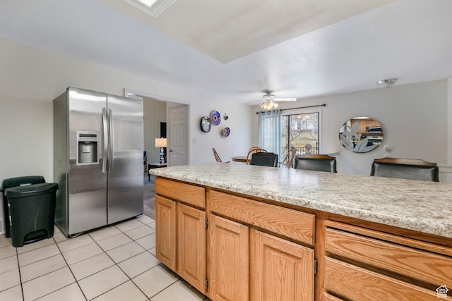 3565 E Summer Estates Cir, Cottonwood Heights, UT 84121 - kitchen featuring ceiling fan, stainless steel fridge, light tile patterned flooring, and light stone countertops