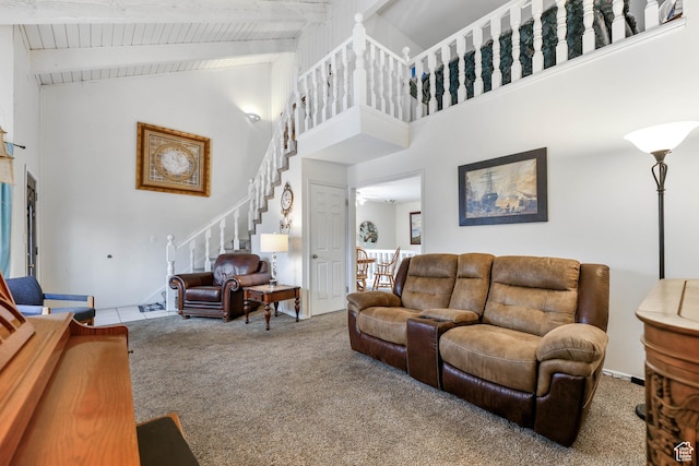 3565 E Summer Estates Cir, Cottonwood Heights, UT 84121 - carpeted living room with ceiling fan, beam ceiling, and high vaulted ceiling