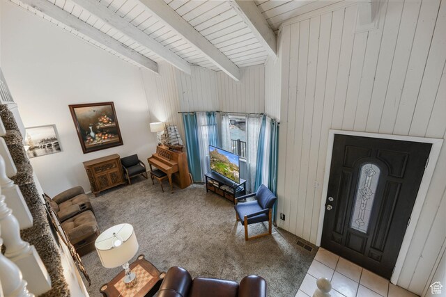 3565 E Summer Estates Cir, Cottonwood Heights, UT 84121 - living room featuring beamed ceiling, wood ceiling, light carpet, and wooden walls