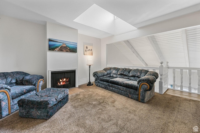 3565 E Summer Estates Cir, Cottonwood Heights, UT 84121 - carpeted living room featuring beam ceiling and a skylight