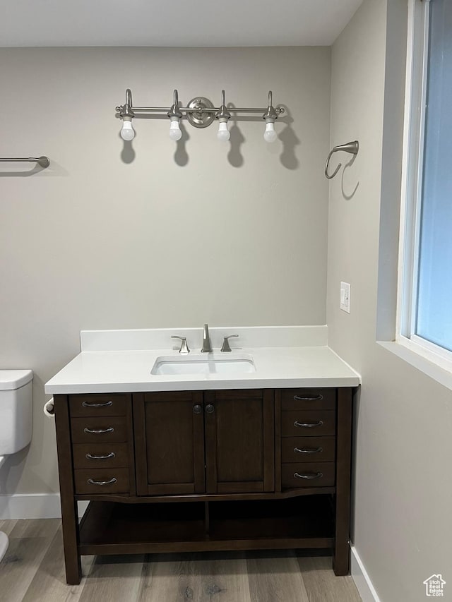bathroom with vanity, toilet, and wood-type flooring