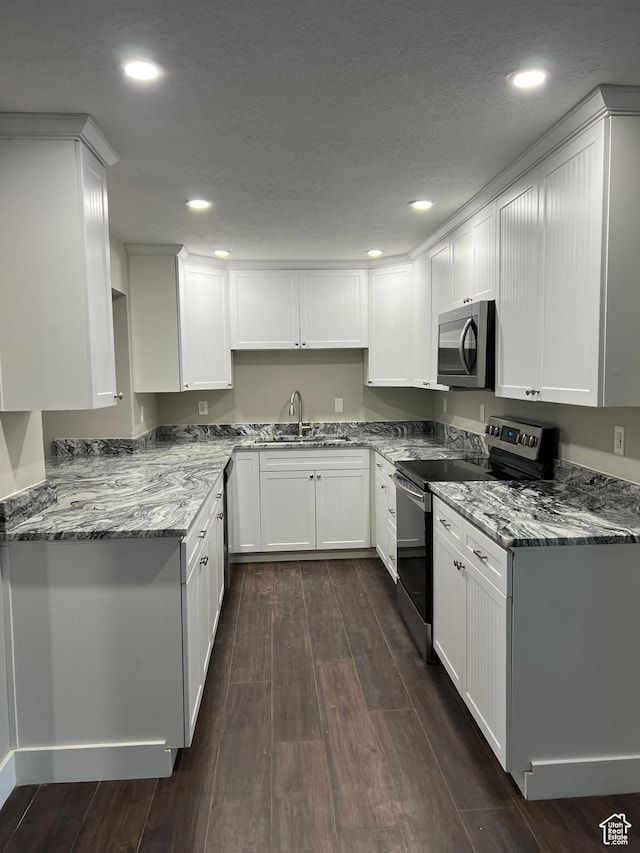 kitchen featuring white cabinets, stainless steel appliances, light stone countertops, and dark hardwood / wood-style floors